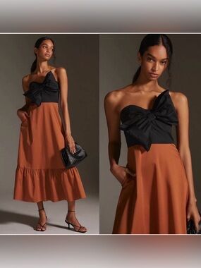 knee length dresses for ladies Beige Tropical Print Linen Strapless Dress - Midi Dresses